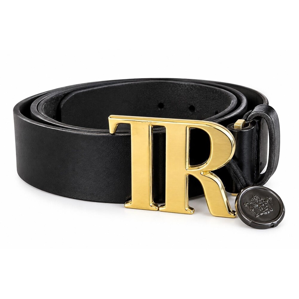 True Religion Belt Mens 38 Black Leather TR Logo Gold Buckle Dress Designer